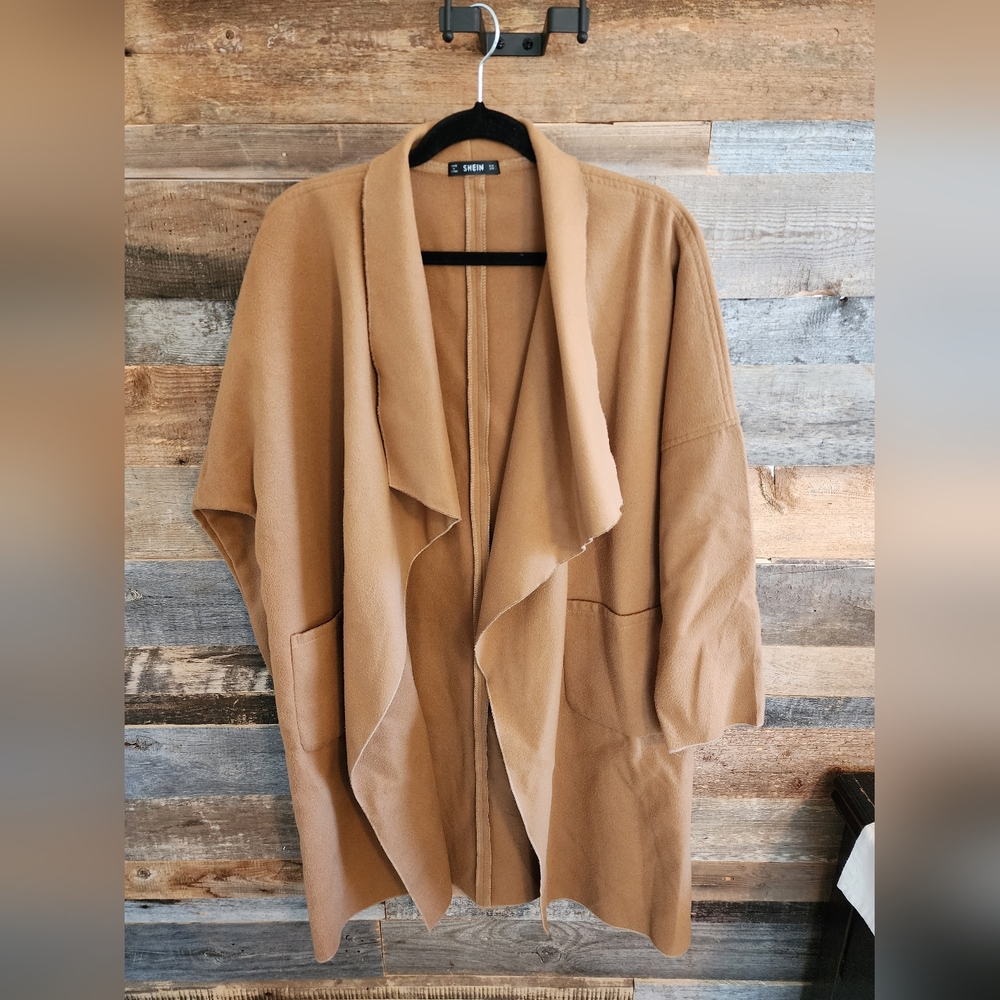 SHEIN Camel Waterfall Open Front Coat | Size L | Lightweight Drape Jacket
